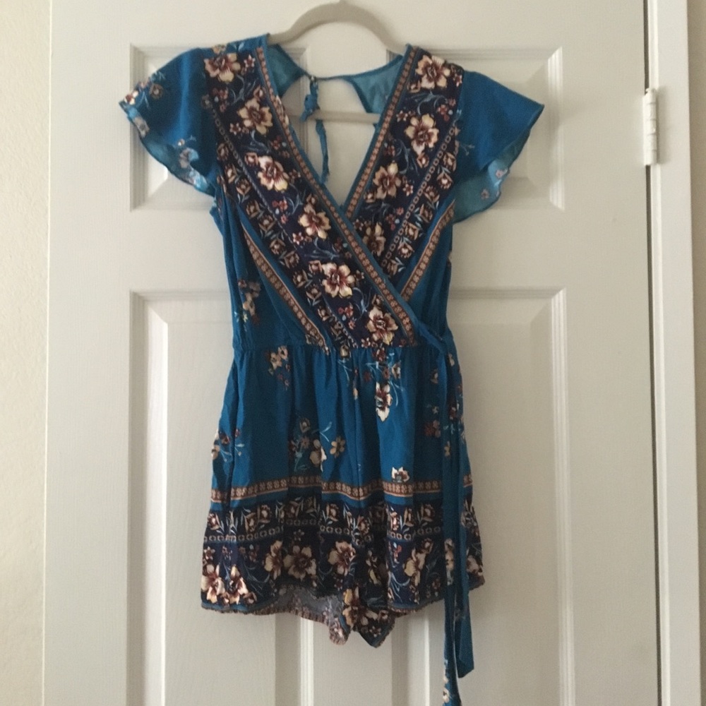 Teal tie back romper